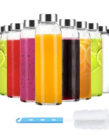 Luxfuel Clear Glass Bottles with Lids 18 oz, Reusable Glass Water Bottles with Stainless Steel Cap for Juicing,Refrigerator,100% Leak Proof, BPA Free, Juice Water Bottle Set of 12