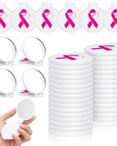 Huwena 100 Pcs Breast Cancer Awareness Accessories Gift Bulk White Pink Ribbon Breast Cancer Compact Mirror for Women Small Pocket Purse Round Portable Folding Makeup Mirror