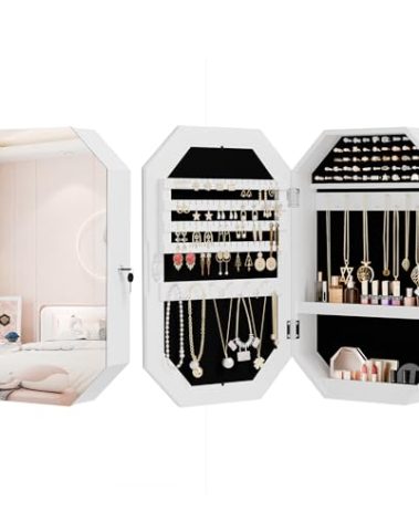 Bonnlo Modern Diamond-Shaped Jewelry Armoire, Lockable Octagonal Jewelry Cabinet Organizer with Mirror, Wall Mounted for Space Saving