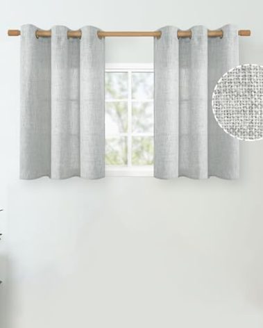 QUEMAS Short Kitchen Curtains 30 Inch Length 2 Panels, Linen Curtains Light Filtering Burlap Semi Sheer Non See Through Grommet Small Curtains for Bedroom Farmhouse, 42 Inch Wide, Light Grey