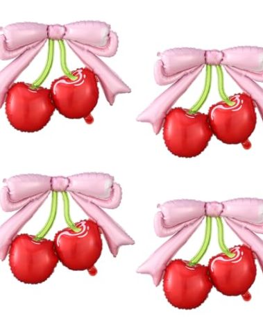 4 Pcs Pink Bow Red Cherry Balloons for She's The Cherry On Top Party,Berry First Birthday Decorations, Girl Women Summer Fruit Cherry Theme Baby Shower Bridal Wedding Decor Bachelorette Party Supplies