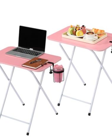Leinuosen Set of 2 Foldable TV Trays with Anti-Spill Cup Holder, 23.62''L x 15.75''W x 26''T Large Folding Table for Eating Reading Office Camping, Space Saving, Easy Assembly(Pink,Cute)