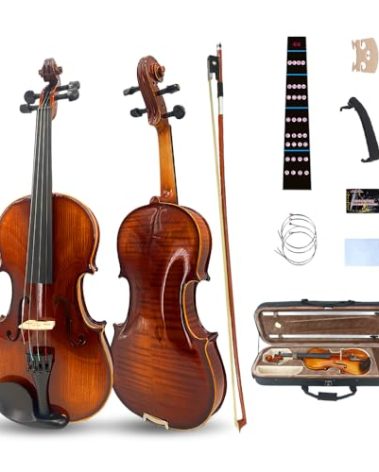 Vetimobato Violin 4/4 Full Size Kit - Acoustic Fiddle Set Solid Wood for Adults/Beginners Student with Hard Case, Brazilwood Bow, Shoulder Rest, Extra strings, Bridge, Rosin(Square Case, 4/4)