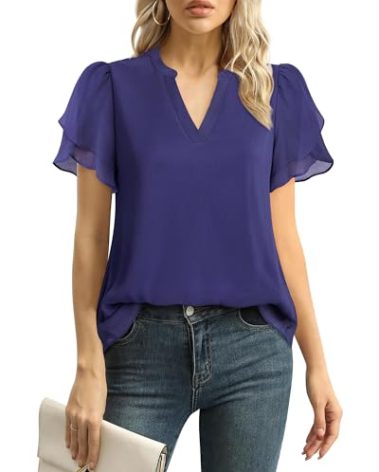 Lotusmile Womens Dressy Casual & Sophisticated Chiffon Blouse - Womens Work & Business Casual Cobalt Blue Tops for Summer Outfits with Tulip Sleeve
