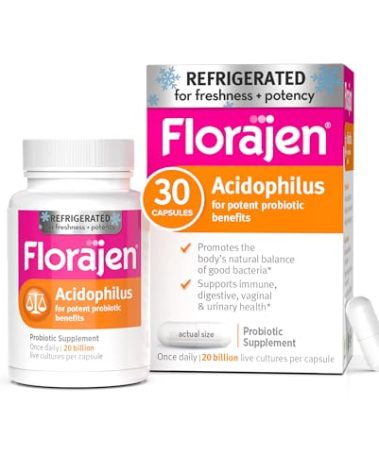 Florajen Acidophilus Probiotics, Gut Health, Vaginal Health, and Immune Support Supplement, Constipation and Bloating Relief for Adults, 30 Capsules (Refrigerated)