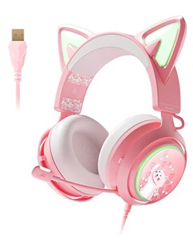 EASARS Pink Gaming Headset GS510, Wired, Over Ear, Cat Ear Design with RGB Lighting, 7.1 Surround Sound, Retractable Mic, Compatible with PC, PS4, PS5