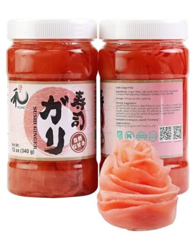 YUHO Pickled Sushi Ginger, Japanese Pink Gari Sushi Ginger Fat Free, Sugar Free, Kosher, BRC, No MSG, Low cal– 2 Jars of 12 oz