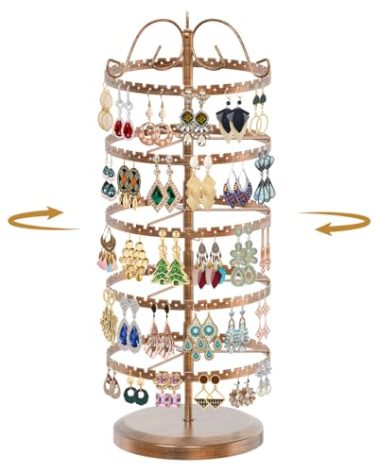 MODOWEY 5 Tier Rotating Earring Holder Organizer Stand, Adjustable Metal Display Tree Rack for Women, 400 Hole and Groove Large Storage for Pierced Stud Dangle Hoop, Compact for Small Dresser, Bronze