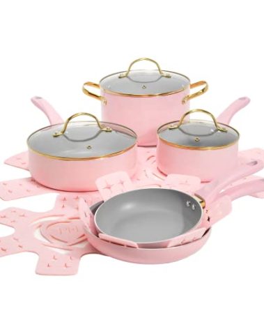 Paris Hilton Epic Nonstick Pots and Pans Set, Multi-layer Nonstick Coating, Tempered Glass Lids, Soft Touch, Stay Cool Handles, Made without PFOA, Dishwasher Safe Cookware Set, 12-Piece, Pink