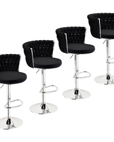 Lamerge Velvet Bar Stools Set of 4, Swivel Counter Stools Counter Height Barstools with Back & Footrest,Bar Chairs Velvet for Kitchen Island Dining Chairs, Black