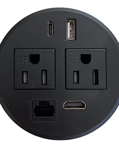 Round Desktop Conference Room Power Grommet Outlet, FITS 3 1/8" - 3 1/4" 2 (TR) AC Outlets, 2 USB Charging Ports, 1 CAT 6, 1 HDMI, ETL Listed (DC-8689-Black)