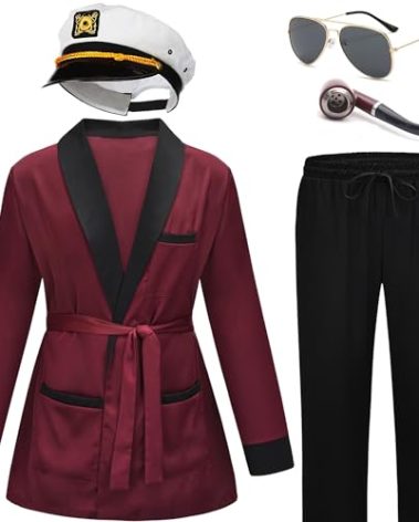 EFORLED Captain Costume,Halloween Red Robe Silk Pants,Captain Hat Halloween Costumes Accessories for Men,L