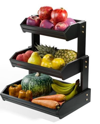 HOLANA Acacia 3 Tier Fruit Basket for Counter – Wooden Fruit Bowl for Kitchen Counter Organizer, Produce Storage Wooden Basket, Snack Organizer for Countertop & Kitchen Counter Storage (Black)