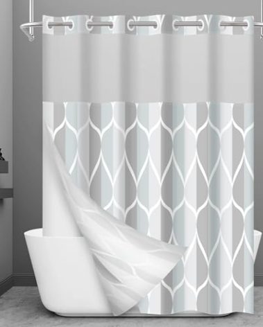 Yiatn No Hook Grey Shower Curtain with Snap in Liner, Geometric Waterdrop Design,Waterproof and Washable Shower Curtains, 71x74 Inch