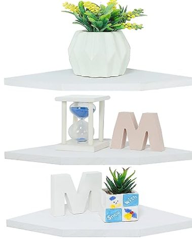 DUICIRX Corner Wall Shelves, Wood Corner Floating Shelves with Cable Raceway, Wall Mount Storage Display for TV Accessories, Monitor, Speaker, Cable Box, Game Console (White, Diamond- 12 Inch)
