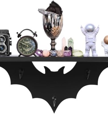 Bat Shelf Floating Shelves for Wall,15.5 inch Wall Shelf with 3 Key Hooks,Black Shelves for Living Room Bedroom Kitchen Gothroom