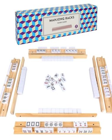 Offelec Upgraded Mahjong Racks with Pushers, Set of 4 Trays for American Mahjong Games, Wooden Holders for Mahjong, Mexican Train, Dominoes (Includes Magnetically Attached Mahjong Pushers)