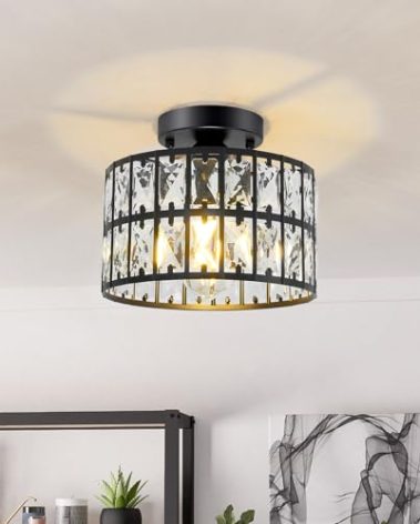 9 Inch Crystal Ceiling Light, Flush Mount Chandelier for Low Ceiling, Modern Crystal Flush Mount Ceiling Light for Kitchen, Bedroom, Bathroom, Entryway (Black)