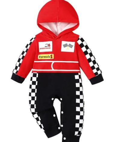 Baby Boy Halloween Outfit Brithday Clothes Race Car Driver Hooded Romper (Red-Long,6-12 Months)
