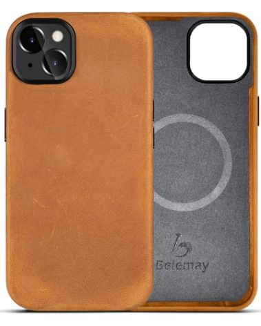 Belemay Compatible with iPhone 15 Leather Case with Magsafe - Top Grain Vintage Crazy Horse Leather - Metal Buttons & Lens Protector - Slim Fit Soft Feel Premium Phone Cover (6.1-inch) Tan Brown