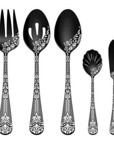 EUIRIO 5 PCS Black Serving Utensils Sets, Stainless Steel Large Spoons, Forks, Sugar Spoon and Butter Knife for Party Buffet Dinner Banquet Cooking Kitchen Basics, Mirror Finish, Dishwasher Safe