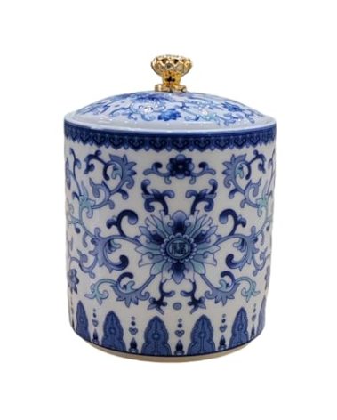 wsmart Small Vintage Blue and White Porcelain Salt Cellar with Lid Ceramic Salt Holder Container for Countertop, Airtight Spice Jar, Kitchen Storage Dish