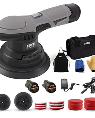 Cordless Car Buffer Polisher, SPTA Polisher with 2Pcs 12V Lithium Rechargeable Battery Brushless Polisher with Variable Speed, Portable Polisher with Polishing Pads Kit For Waxing