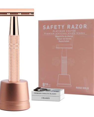 Double Edge Safety Razor with Stand, Reusable Metal Single Blade Razors for Men and Women, with 10 Platinum Coated Double Edge Safety Razor Blades, Women's Safety Shaving Razors, Rose Gold