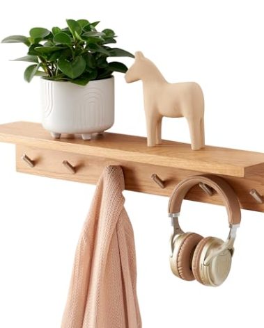 TRWISWDC Coat Rack Shelf Wall Mounted Oak Wood Entryway Shelf with 6 Hooks Wall Coat Hook Rack with Floating Shelf for Bedroom, Living Room, Kitchen (Natural, 27.5 inch)