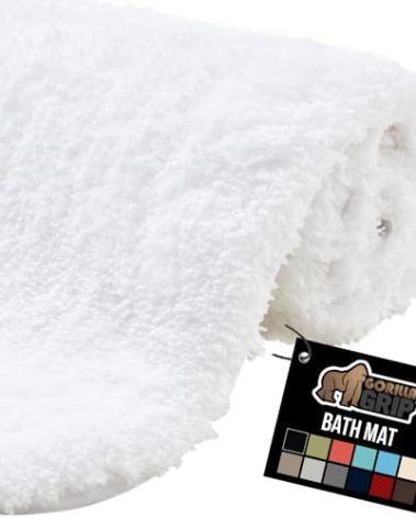 GORILLA GRIP Premium Luxury Bath Rug, 60x24, Absorbent, Soft, Thick Shag, Plush Bathroom Mat Rugs, Machine Washable, Microfiber Quick Dry, Mats for Shower, Bathtub and Floor Accessories, White