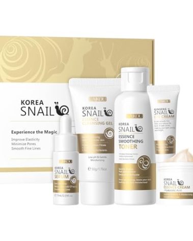 LAIKOU Korean Skin Care, Skin care set, Skin Care Kit Snail and Ginseng with Cleansing Gel, Toner, Eye Cream, Serum, Essence Cream 5pcs for Women Teen Girls Mom Daughter Mother's Day Birthday
