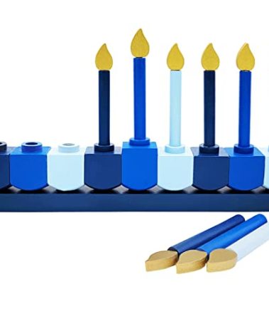 The Dreidel Company Hanukkah Children's Wooden Chanukah Menorah, Dreidel Design with Removable Candles (1)