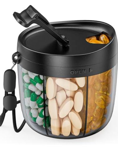 PULIV Portable Pill Dispenser Bottle, Vitamin Organizer with 7 Compartments, Holds Plenty of Supplements with Anti-Mixing & Wide Openings Design, Easy to Retrieve Meds, Includes 20 Pcs Sticky Labels