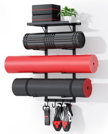 Yoga Mat Holder Wall Mount, Yoga Accessory Mat Storage Rack, Home Gym Accessories Organizer, Floating Shelf and Hooks for Hanging Foam Roller/Band/Workout Equipment at Pilates Fitness Class