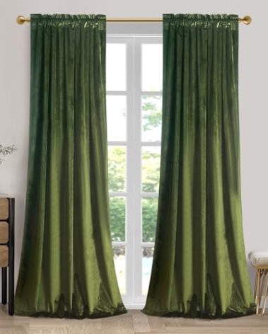 Roslynwood Velvet Curtain Panels Moss Green Room Darkening Window Super Soft Luxury Drapes for Bedroom Thermal Insulated Rod Pocket Curtain for Living Room (2 Panels, 52 by 90 Inch)