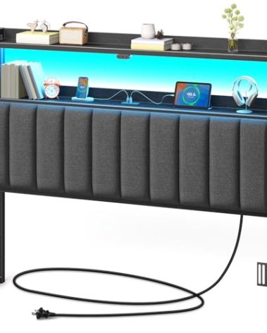 Rolanstar Headboard for Full Size Bed with Storage, 60,000 DIY Color of LED Light, Head Board with USB & Type C Port, Height Adjustable, Black Upholstered Cabeceras de Cama Comfortable Modern, Stable