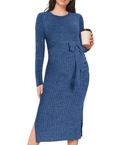 guruixu Crewneck Maternity Sweater Dress Rib Knit Long Sleeve Photoshoot Baby Shower Dresses Slit Pregnancy Sweater Clothes Blue