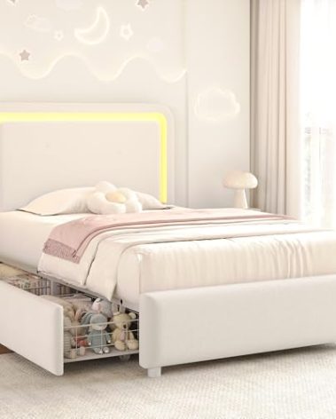 Twin Boucle Upholstered LED Bed Frame with Storage Drawer and Adjustable Chic Double Arc Headboard, Princess Platform Cloud Bed for Kids/Girls, Heavy Duty Metal Support, No Box Spring Needed, Beige