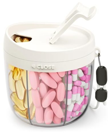 AMOOS Cute Pill Dispenser with 7 Large Compartments, Portable Pill Bottle Organizer with Wide Opening for Easy Use, Anti-Mix Pill Organizer for Travel, BPA-Free Pill Container, White