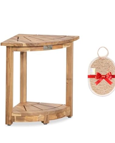 VICTORY RELAX Acacia Corner Shower Stool, Waterproof Spa Foot Rest & Bath Bench with Storage Shelf & Soap Dish, Ideal for Bathroom, Shaving Legs, or as Small Corner Table/Step Stool (Light Natural)