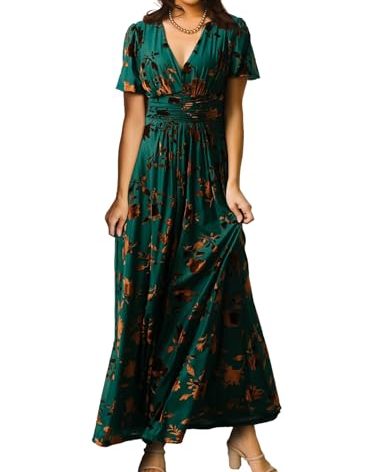 Simplee Women's Fall Formal Wedding Guest Velvet Maxi Dress Elegant Floral V Neck Short Sleeve Long Dress (Medium Bronze + Jade)