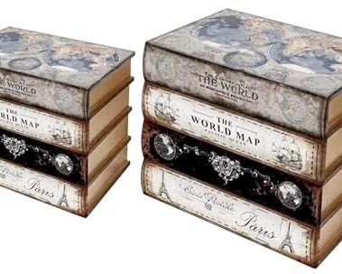 Bellaa 28236 Decorative Box Set of 2 Secret Storage Vintage World Map Wooden Heavy Duty Bookends for Shelves Home Office School Library Decor Book Ends Shelf Holder Stoppers Supports