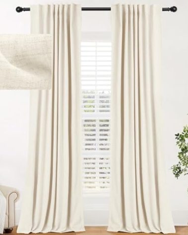 INOVADAY 100% Blackout Curtains for Bedroom, Thermal Black Out Curtains, Back Tab/Rod Pocket Linen Blackout Drapes, Room Darkening Drapes for Living Room, 52''W x 90''L, Cream