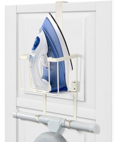 ORLESS Over The Door/Wall Mount Ironing Board Hanger, Laundry Room Iron and Ironing Caddy Board Storage Holder Cream