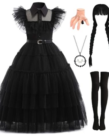 Cabeny Women Black Dress for Halloween Family Costume with Accessories Wig Necklace for Role Cosplay Birthday Party CA034M
