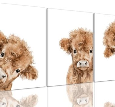 AOYUSMO 3 Piece Cute Highland Cow Canvas Wall Art Nursery Funny Animal Framed Wall Art Baby Cow Pictures Wall Decor Kids Animals Art Prints for Children's Room Bedroom 12"x16"