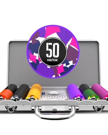 HEITOK Poker Chips Set with Denominations, 300pcs 11.5g Professional Numbered Chips with Aluminum Case Includes 5 Dice & 2 Decks of Pokers for Texas Hold'em
