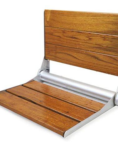 18" ADA Compliant Folding Serena Teak Wood Shower Bench Seat, Clear Coated for Extra Protection and Smooth Modern Finish, Foldable Aluminum Wall-Mounted Fold Up Bathroom Stool Seating Chair