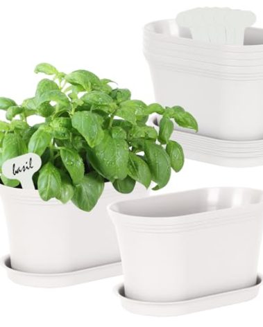 Oliz Windowsill Garden Pots, White Plastic Flower Pots with Drainage Tray for Herb, Succulents, African Violet (Pack of 6)