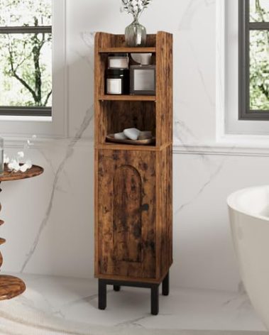 Hzuaneri Bathroom Storage Cabinet, Small Corner Floor Cabinet with Door and Shelves, Narrow Toilet Paper Holder, Bathroom Organizer with Adjustable Shelf, for Small Spaces, Rustic Brown BC08201X